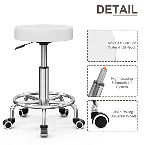 Icoget 360 Swivel Round Rolling Stool Chair, Height Adjustable Salon Shop Stool, Drafting Work SPA Medical Stools Office Chair with Wheels, White - Thumbnail 5