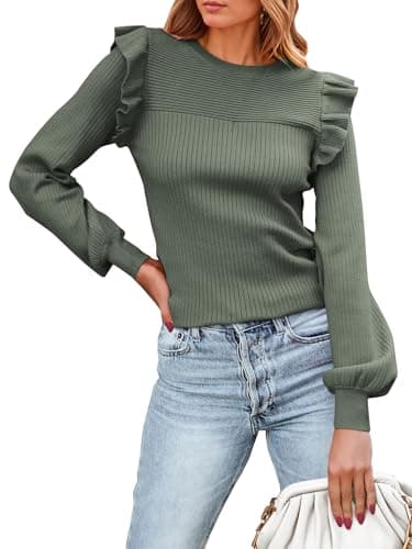 PRETTYGARDEN Women's Casual Long Sleeve Fall Sweaters 2025 Ruffle Ribbed Knit Crew Neck Pullover Sweater Tops Trendy Winter Clothes (Bean Green,M) - Image 1