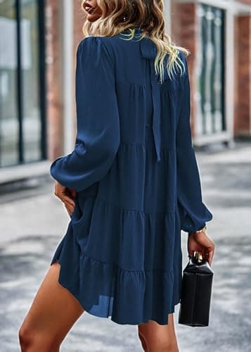 KIRUNDO Long Sleeve Baby Doll Dresses Women 2026 Casual Spring Summer Ruffle Mock Neck Tiered Mini Flowy Swing Shift Dress(Lake Blue, Small) - Thumbnail 5