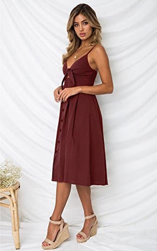 ECOWISH Women 2024 Summer Dresses Tie Front V-Neck Spaghetti Strap Button Down A-Line Backless Swing Midi Dress 572 Wine Red L - Thumbnail 3