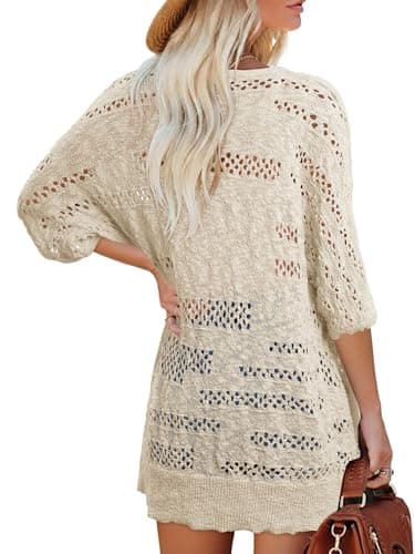 KISSMODA Crochet Cardigans for Women 2026 Summer Apricot Loose Fit Lightweight Boho Short Sleeve Open Front Cardigan for Wine Tasting Days XXL - Thumbnail 6