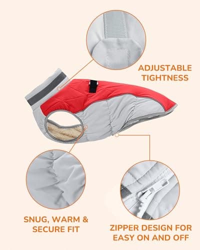 Aokown Dog Winter Coat for Medium Dogs, Adjustable Puppy Warm Jackets in Cold Weather, Reflective Pet Fleece Vest with External Attachment Points, Zippered Cold-Weather Dog Winter Clothes, M Red - Thumbnail 5