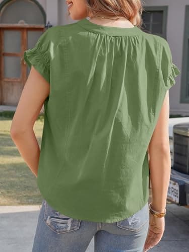 Tankaneo Womens Ruffle Short Sleeve Blouses Summer Casual V Neck Tops Loose Curved Hem Cotton Shirts Army Green - Thumbnail 6
