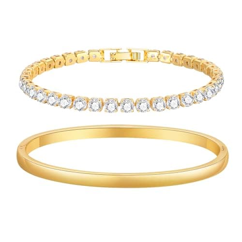 Stackable Gold Bracelets for Women - 2Pcs 18K Gold Plated Cubic Zirconia Bangle Bracelet Crystal Friendship Tennis Bracelet Stack Jewelry,Wedding Christmas Birthday Gift for Her Girlfriend Sister Wife - Image 1