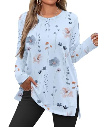 JUSTFASHIONNOW Womens Long Sleeve Tunic Tops to Wear with Leggings Crew Neck Side Split Layering Shirts Loose Fit Long Tops Floral Blue - Image 1