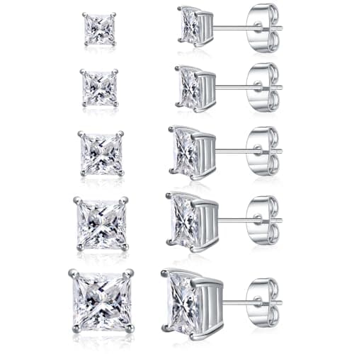 Gemsme 5 Pairs Princess Cut Cubic Zirconia Stud Earrings for Women/Men - 18K Gold Plated Hypoallergenic 3-7mm Square Clear CZ Earring Set - White Gold - Image 1