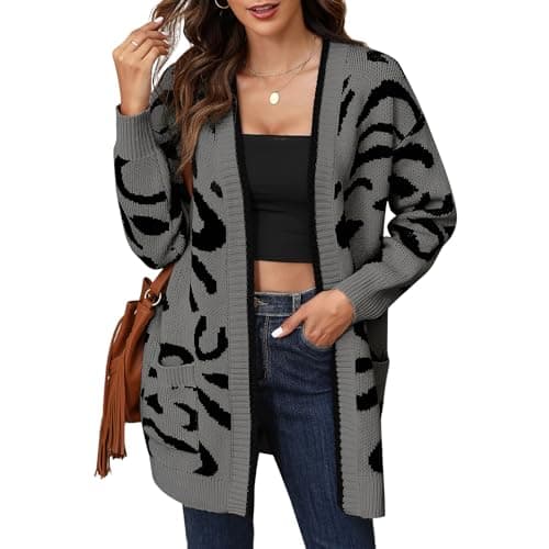 ZLIGXEA Women Fashion Leopard Print Sweater Cardigan Long Sleeve Open Front Coat Outwear 2024 Fall Winter Clothes Grey M - Image 1
