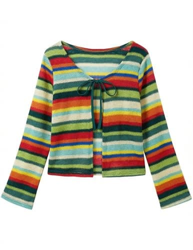 ZAFUL Swimsuit Coverup Shirt for Women Crochet Cardigan Bathing Suit Cover Up Long Sleeve Cover Ups Top Strip Green M - Image 1