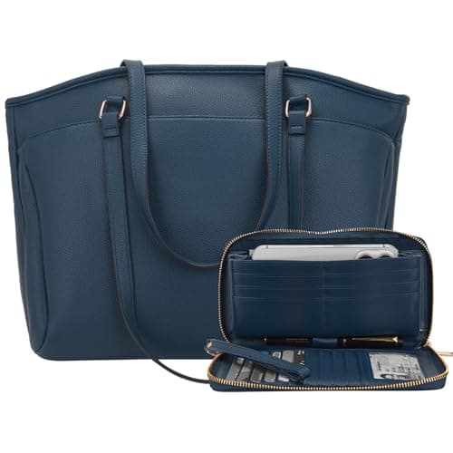 YZAOLL 15.6 Inch Laptop Tote Bag for Women,Water-resistant Vegan Leather with Anti-Scratch Padded Sleeve,Lightweight Multi-Pocket Work Bag for Business Travel,College,Office Essentials,SeaBlue