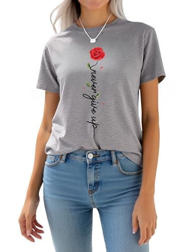 AiMgFUN Women's 2025 Summer Graphic T Shirts,Stylish Short Sleeve Tee, Printed Casual Top,Crew Neck Roseflower Grey-XL - Image 1