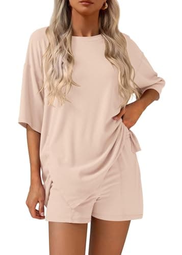 KIRUNDO 2 Piece Sets for Women Summer Lounge Sets Casual Oversized Tshirts Shorts Matching Airport Travel Outfits Postpartum(Beige, Small) - Image 1