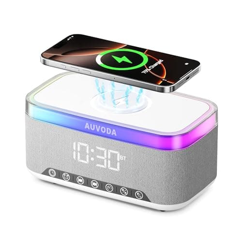 AUVODA S300 16W Stereo Bluetooth Speaker with 15W Fast Wireless Charging, 13-Color Night Light, Alarm, White Noise, FM Radio, Portable, TWS, BT5.3, for PC, Smartphone, Home, Office & Bedroom (White) - Image 1