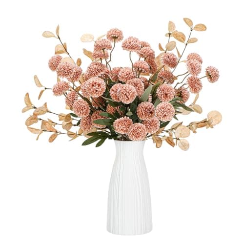 Luldesce Beige Faux Silk Pompon Mums Artificial Flowers - 12 Pcs Fake Kiku Flowers Bulk with Eucalyptus Leaves, Long Stems Chrysanthemums Ball Flower for DIY Centerpiece Party Spring Home Decor - Image 1