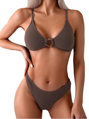 ZAFUL Women's Sexy Triangle Bikini Set O Ring Linked Two Piece Swimsuits Textured Ruched Cheeky Bathing Suit Brown S - Image 1