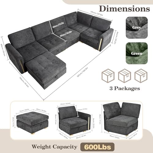 smilesun Oversized Modular Chenille U-Shaped Sectional Sofa with Storage, Convertible Comfy Extra Deep & Wide Seating with Gold Metal Accents & Square Legs for Living Room (Grey) - Thumbnail 2