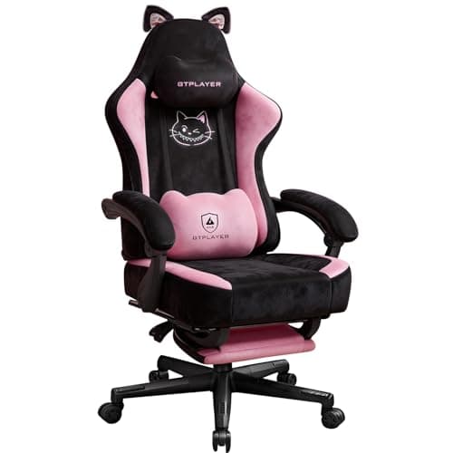 GTPOFFICE Cute Gaming Chair with Cat Ears,Ergonomic Computer Chair with Footrest Cat Paw Lumbar Support Comfortable Reclining Game Chair Desk Chair for Adult Teens, Soft Fabric, Pink Black