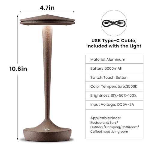 JALVDE Cordless Table Lamp Rechargeable,Outdoor Table Lamps LED,IP54 Waterproof 6000mAh Battery Operated Lamp 3 Color Adjestable Stepless Dimming Table Lamps for Restaurant Dining Patio (2PRust) - Thumbnail 3