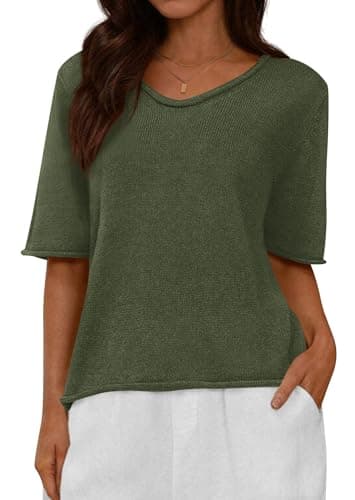 BTFBM Sweaters for Women 2026 Summer Oversized Half Short Sleeve Knitted Pullover V Neck‌ Casual Loose Fit Spring Tops(Army Green, Small) - Image 1
