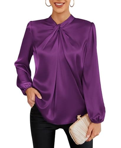 GRACE KARIN Women's Long Sleeve Shirts Mock Neck Casual Satin Blouse Tops for Business Office Work Purple M - Image 1