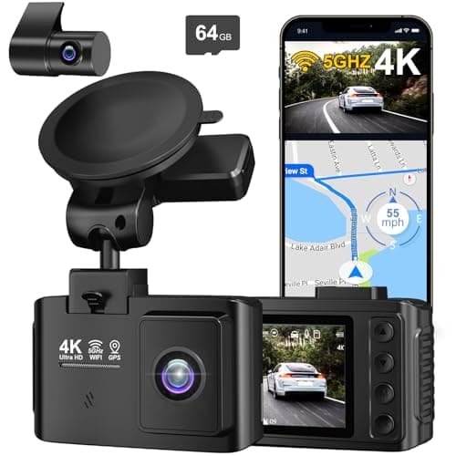 Dash Cam Front and Rear: 4K+2.5K Dual Channel Dash Cam-5GHz WiFi, GPS Dash Camera for Cars with 64GB Card, 2.0" IPS Screen, App Control,G-Sensor,Loop Recording,170°Wide Angle,Night Vision,Parking Mode - Image 1