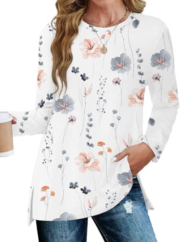 JUSTFASHIONNOW Womens Long Sleeve Tunic Tops to Wear with Leggings Crew Neck Side Split Layering Shirts Loose Fit Long Tops Floral White - Thumbnail 3