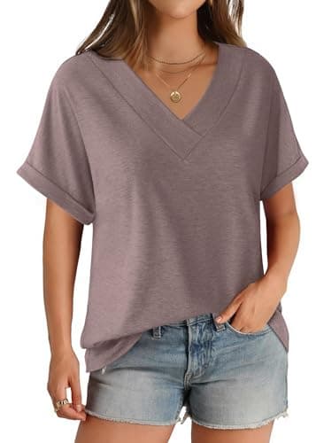 GKBK Womens Short Sleeve T Shirts V Neck Loose Fit Shirts Summer Casual Basic Tee Tops Gray Purple L - Image 1