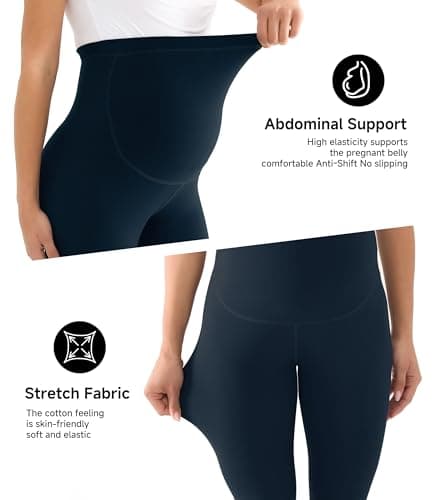 BRATUC Maternity Leggings Over The Belly Pregnancy Leggings Active Wear Workout Yoga Tights Pants (Large Navy Blue) - Thumbnail 2
