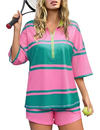 Totatuit Women Striped Workout Set Two Piece Outfit Tracksuit Oversized Lounge Set Shorts Sets with Pockets - Image 1