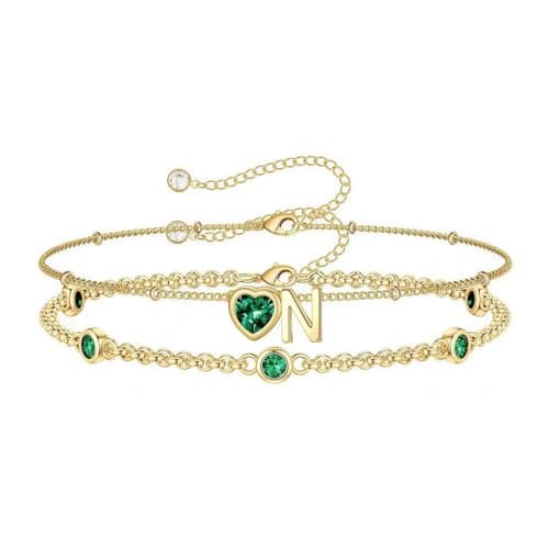 Turandoss Initial Heart Birthstone Bracelet for Women - Dainty 14K Gold Plated Letter Charm Bracelet, Letter N, May Birthstone, Created Emerald Jewelry Gifts - Image 1