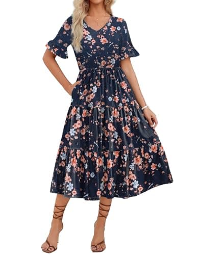 Zeagoo Summer Midi Dresses for Women Casual Short Sleeve V Neck Flowy Long Dresses Tiered Swing Beach Dress with Pockets Navy Blue Floral - Image 1