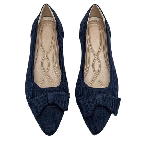 AHZEHRSE Women's Flats Shoes Comfortable Slip On Shoes Classic Dressy Pointed Toe Bow Knit Ballet Flat Blue - Image 1