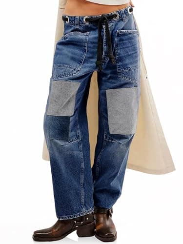 PLNOTME Womens Baggy Barrel Horseshoe Jeans Wide Leg Patchwork Low Rise Denim Pants with Pockets Navy - Thumbnail 2
