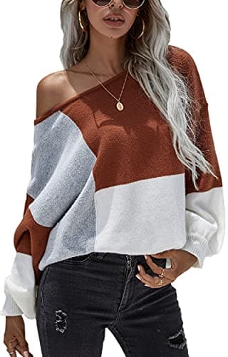 ECOWISH Women Sweater Long Sleeve Color Block Knit Pullover Sweaters Crew Neck Patchwork Casual Loose Jumper Tops 196 Caramel X-Large - Image 1