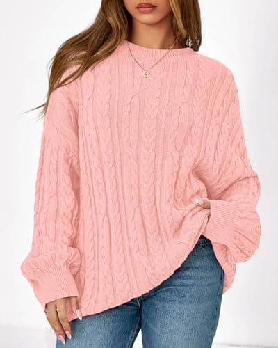 KIRUNDO Oversized Chunky Cable Knit Sweater Women 2026 Fall Fashion Cozy Long Sleeve Crewneck Pullover Winter Clothing(Pink, Medium) - Thumbnail 5