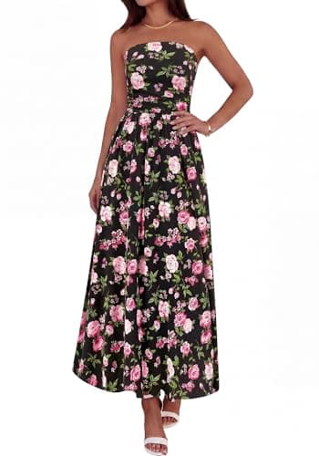 BTFBM Summer Maxi Dresses for Women 2026 Strapless Tube Top Floral Spring Wedding Guest Dress Beach Vacation Outfits(Black Pink Flower, Medium) - Image 1