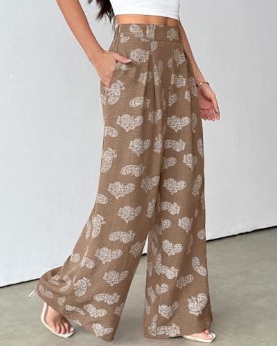 Bsubseach Women Palazzo Pants Modern Boho Floral High Waisted Wide Leg Pants Summer Causal Beach Trousers with Pockets Khaki L - Thumbnail 5