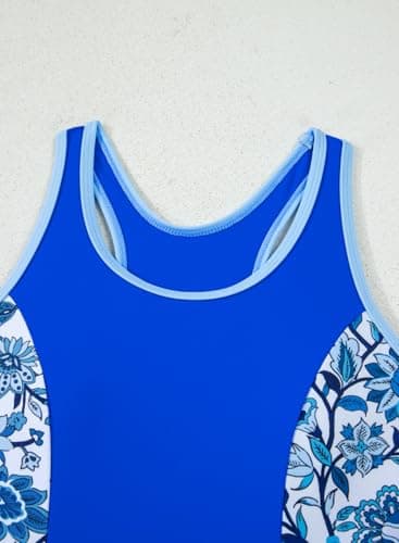 blibean Girls Rash Guard Swimsuit One Piece Flower Bathing Suits Tween Girl Floral Colorblock Swimwear Sets Kids Swim Cover Up TopTraje Baño Niñas Size 12-13 Year Old Royal Blue - Thumbnail 5