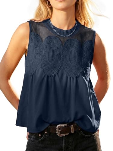Funlingo Lace Tops for Women Poplin Mesh Cute Blouses Dressy Casual Sleeveless Flared Swing Tank Top Crew Neck Shirt Intricate Back Design Navy Blue XS - Image 1