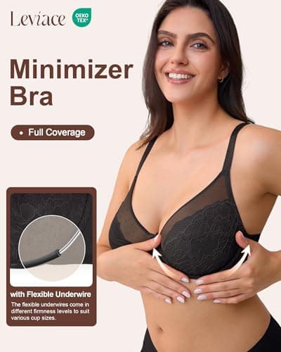leviace Minimizer Bras for Women Supportive - Lifting Full Coverage Sexy Lace Unlined Underwire Plunge Comfortable Bra for Large Busted, Plus Size Bralette for Heavy Breasts, Black, 38DD - Thumbnail 2