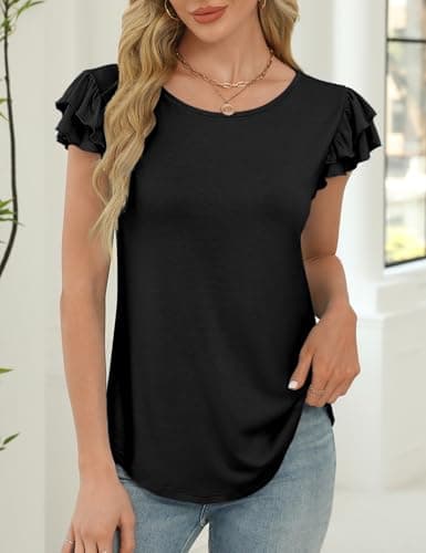 NORACORA Womens Ruffle Short Sleeve Summer Tops Crewneck T Shirts Loose Fit Blouses Dressy Business Casual Spring Outfits 2025 Black - Thumbnail 3