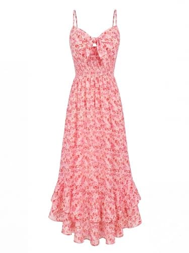 GRACE KARIN Womens Maxi Floral Sundresses Summer Beach Boho Dress Spaghetti Strap Dresses Casual Fashion Clothes with Pockets Pink L - Image 1