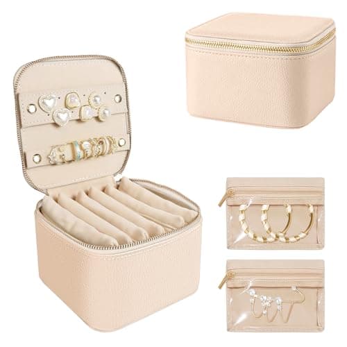 WOOMADA Travel Jewelry Case, Portable Jewelry Box with 6 Velvet Jewelry Zipper Pockets,Gift Idea for Women(beige) - Image 1