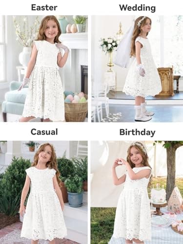 ALLOVIN Girls & Toddlers Sleeveless A-Line Lace Party Dress Birthday Wedding & Flower Girl Dress with Beaded Bowknot | Off-White | 11-12Y - Thumbnail 6