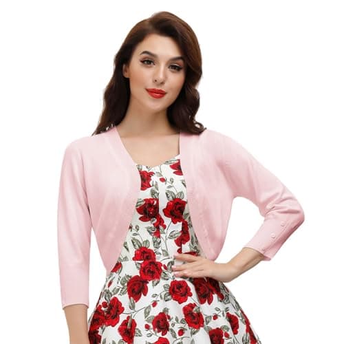 Belle Poque Womens Petite 3/4 Sleeve Bolero Shrug Open Front Knit Cropped Cardigan(Light Pink S) - Image 1
