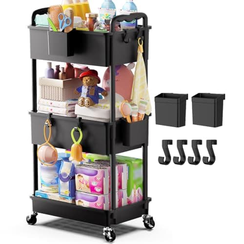 Goovilla Diaper Cart with Lockable Wheels and Easy Assembly, 3 Tier Black Rolling Cart for Baby Nursery Storage, Sturdy Ample Diaper Caddy Organizer for Baby Girl, Boy, New Mom, Newborn Essentials - Image 1