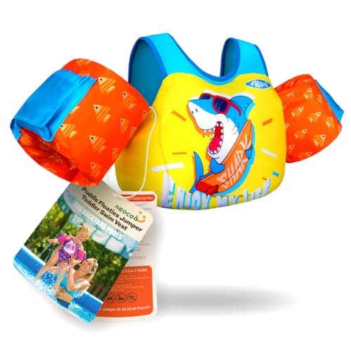 AEOCOO Puddle Float Jumper 20-30-50-60-70 Pounds, Toddler Swim Vest for 1-3-5-6-9 Years Old, Pool Floats with Swimming Arm Floaties Swim Jacket for Kids Swimmies, Boys, Girls, Niños, Shark