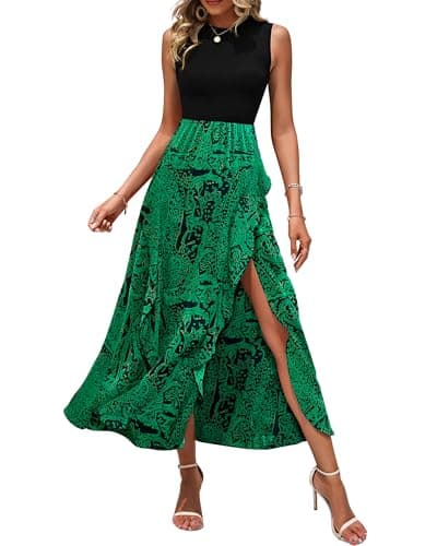 BTFBM Women Casual Sleeveless Summer Dresses 2025 Spring Crewneck Patchwork Boho Floral Ruffle Cocktail Party Midi Dress(Print Black Green, X-Large) - Image 1
