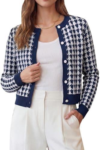 Arach&Cloz 100% Cotton Cropped Cardigans for Women Spring Fashion Lightweight Crewneck Button Down Long Sleeves Sweater Plaid Knit Tops Cute Professional Business Casual Outfits 2026 Navy Blue XXL - Image 1