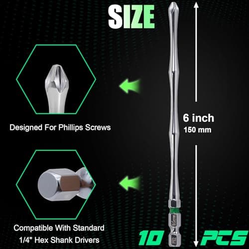 Hitscrews Magnetic Screwdriver Bits PH2#2-6 Inch, S2 Steel, White Chrome, CNC Phillips Tip) – Long Impact Driver Bits for Deep Screws, Framing, Cabinets – 10 Pack - Thumbnail 2
