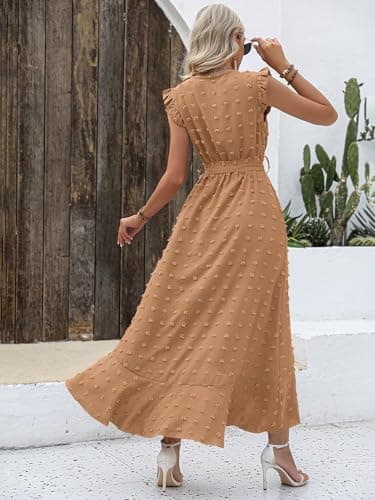 BTFBM Women V Neck Summer Dress 2025 Cap Sleeve Swiss Dot Boho Flowy Ruffle Slit Beach Party Long Maxi Cocktail Dresses(Khaki, Large) - Thumbnail 4